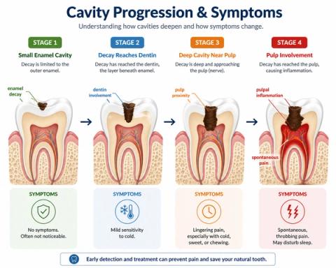 Cross-sectional tooth anatomy demonstrating dental caries progression from enamel caries to dentinal caries and increasing proximity to the dental pulp, illustrating the relationship between lesion depth, dentinal involvement, pulpal irritation, and development of thermal sensitivity and dental pain.