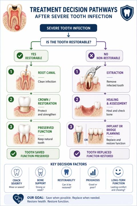 Clinical decision pathway comparing root canal treatment and extraction based on restorability, fracture status, periodontal support, structural integrity, infection extent, and long-term functional prognosis.