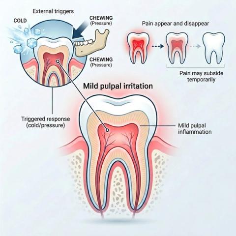 Diagram showing intermittent tooth pain caused by mild pulpal inflammation, where triggers such as cold drinks, sweet foods, or chewing temporarily activate pain followed by symptom-free periods.