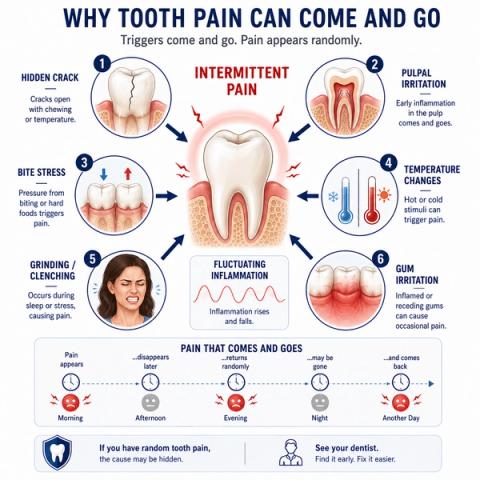 Diagram showing intermittent tooth pain caused by fluctuating pulpal inflammation, cracks, bite stress, grinding, and temperature-related triggers.