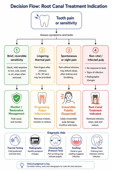 Comparison of clinical symptom patterns associated with irreversible pulpitis and pulpal necrosis, including lingering cold sensitivity, heat sensitivity, spontaneous pain, nocturnal pain, chewing discomfort, swelling, and loss of pulp vitality.