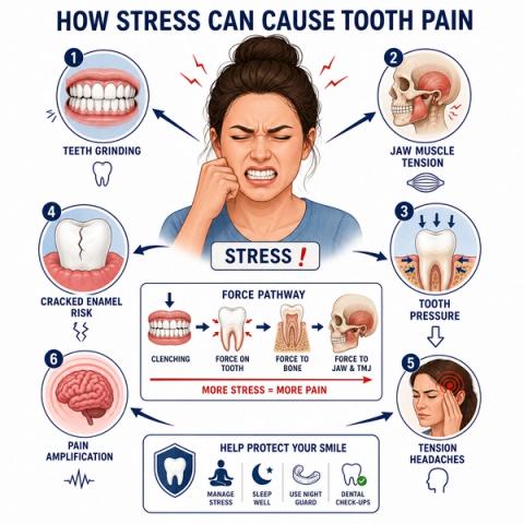 Diagram showing how stress-related clenching, grinding, and jaw tension can contribute to tooth pain and pressure-related dental discomfort.
