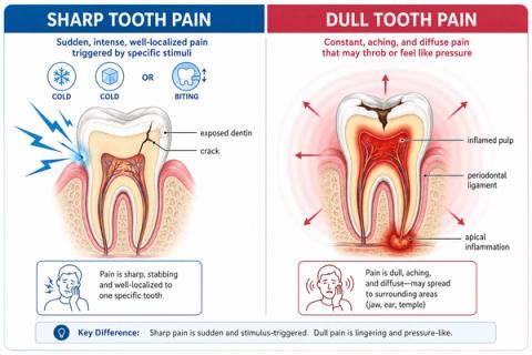 Comparison showing sharp tooth pain caused by sudden nerve stimulation or cracks versus dull aching tooth pain associated with deeper inflammation and pressure around the tooth and supporting tissues.