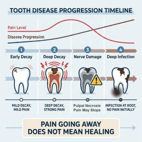 Timeline showing tooth pain initially increasing and later disappearing, comparing temporary recovery with loss of nerve vitality despite ongoing infection or structural damage.