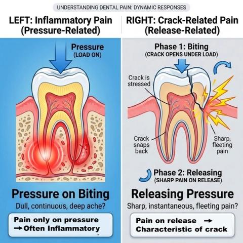 Comparison of tooth pain under biting pressure showing inflammatory pain around the root during compression and sharp pain on release associated with a cracked tooth.