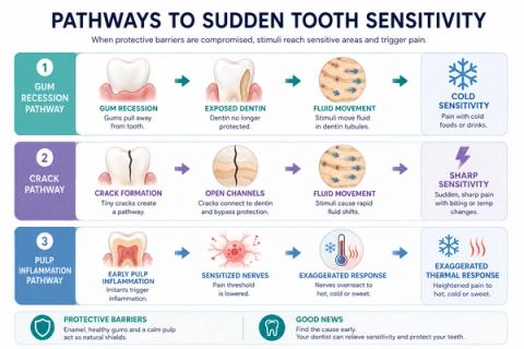 Comparison diagram showing brief cold sensitivity from exposed dentin, sharp chewing sensitivity associated with a cracked tooth, and lingering cold sensitivity associated with increasing inflammation inside the tooth.