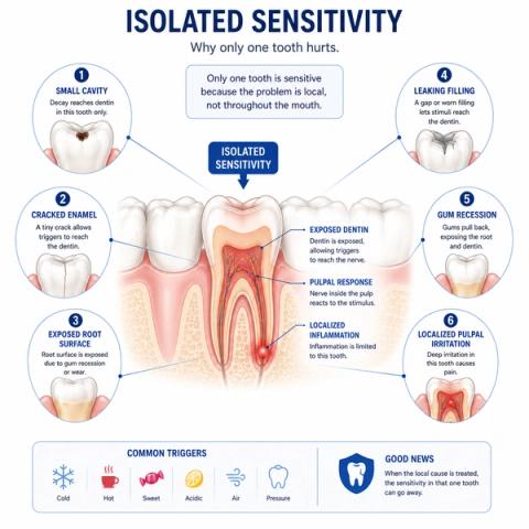Cross-sectional dental anatomy demonstrating localized tooth sensitivity affecting a single tooth due to dental caries, cracked tooth syndrome, exposed dentin, gingival recession, restoration microleakage, occlusal overload, dentin hypersensitivity, and early pulpal inflammation.