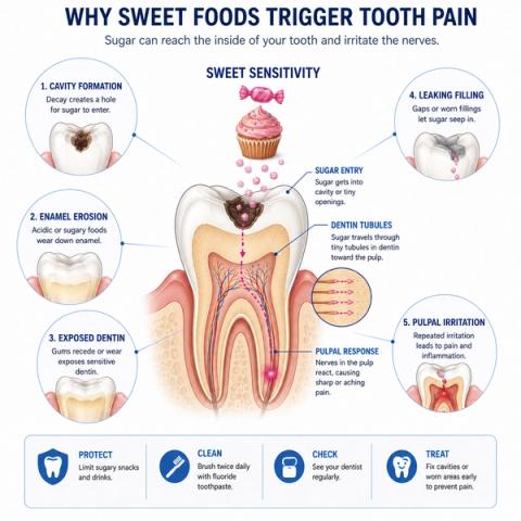 Cross-sectional dental anatomy demonstrating mechanisms of sweet-induced tooth pain, including dental caries, enamel erosion, exposed dentinal tubules, dentin hypersensitivity, restoration microleakage, cracked tooth syndrome, osmotic fluid movement within dentin, and stimulation of the dental pulp by sugary substances.