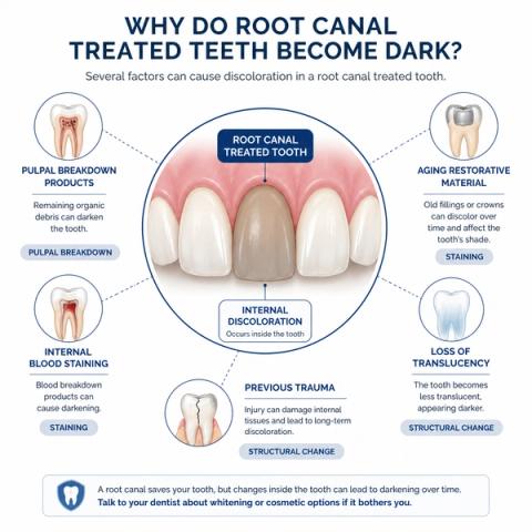 Diagram showing how root canal treated teeth can darken over time because of internal staining, pulpal breakdown products, and structural changes.