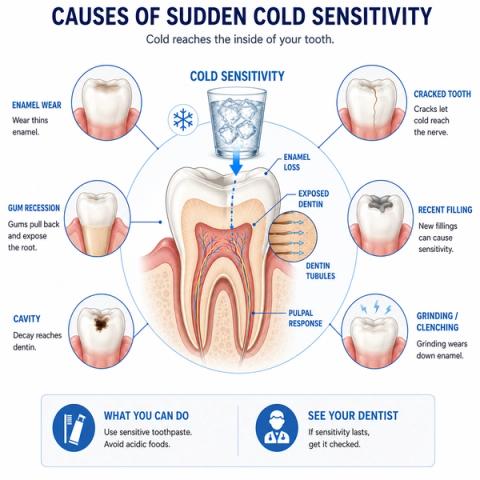 Cross-sectional dental anatomy demonstrating cold sensitivity mechanisms, including enamel loss, gingival recession, root surface exposure, dentin hypersensitivity, exposed dentinal tubules, dental caries, cracked tooth syndrome, and transmission of thermal stimuli to the dental pulp.