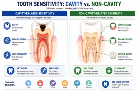 Comparative infographic illustrating dental sensitivity caused by carious lesions versus non-carious dentin hypersensitivity, highlighting enamel wear, gingival recession, root exposure, dentinal tubule exposure, cracked teeth, tooth wear mechanisms, pulpal response, and absence of active dental decay.