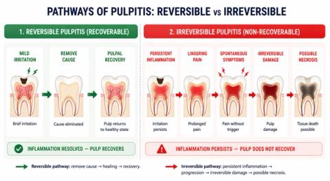Diagram showing reversible pulpitis recovering after treatment versus irreversible pulpitis progressing toward severe pulpal damage and possible necrosis.