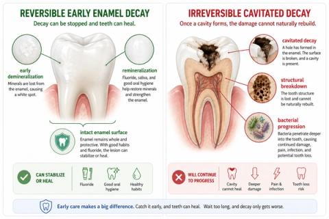 Comparative illustration of non-cavitated enamel caries versus cavitated dental caries, demonstrating enamel demineralization with remineralization potential, intact enamel surface lesions, cavitation, structural breakdown, plaque retention, and loss of natural reparative capacity following cavitation.