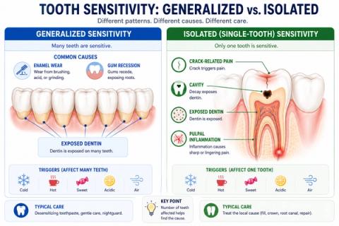 Comparative infographic illustrating generalized dentin hypersensitivity affecting multiple teeth versus localized single-tooth sensitivity associated with dental caries, cracked teeth, restoration failure, localized gingival recession, occlusal trauma, and pulpal pathology.