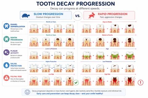 Comparative illustration of slow versus rapid dental caries progression, demonstrating the influence of plaque biofilm activity, sugar exposure frequency, salivary protection, fluoride availability, enamel resistance, dentinal involvement, and patient-specific caries risk factors on lesion progression rates.