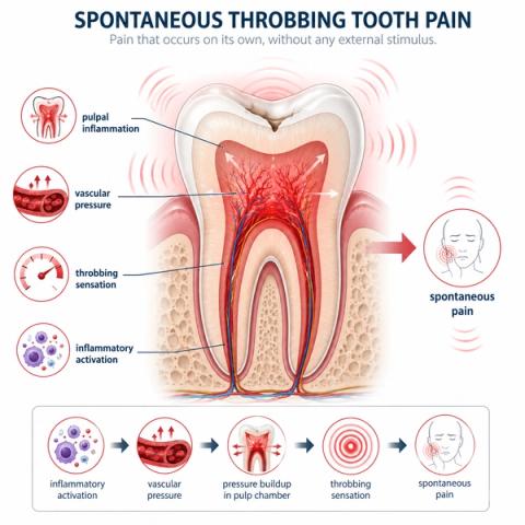 Diagram showing spontaneous throbbing tooth pain caused by advanced pulpal inflammation and pressure buildup inside the tooth.
