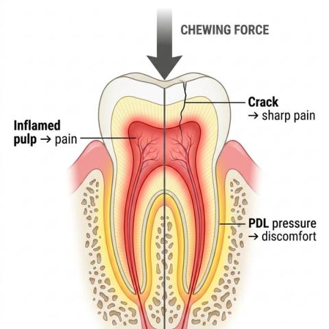 Tooth under chewing force showing three causes of pain: inflamed pulp causing internal pain, crack causing sharp load-related pain, and periodontal ligament (PDL) pressure causing discomfort around the root.