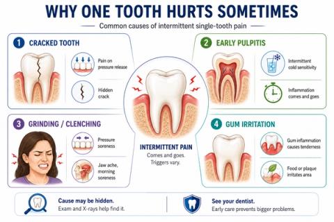 Comparison infographic showing different causes of intermittent random tooth pain including cracks, pulpitis, bite stress, and gum irritation.