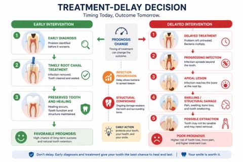 Clinical progression pathway comparing early intervention with root canal treatment versus delayed treatment, showing effects on infection spread, periapical pathology, structural integrity, restorability, prognosis, and tooth survival.