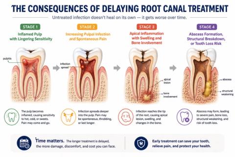 Timeline illustrating progression of untreated pulpal disease from reversible inflammation to irreversible pulpal damage, pulpal necrosis, apical infection, abscess formation, bone destruction, and potential tooth loss when root canal treatment is delayed.