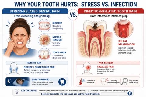 Comparison showing stress-related tooth pain from grinding and muscle tension versus localized inflammatory tooth pain caused by infection.