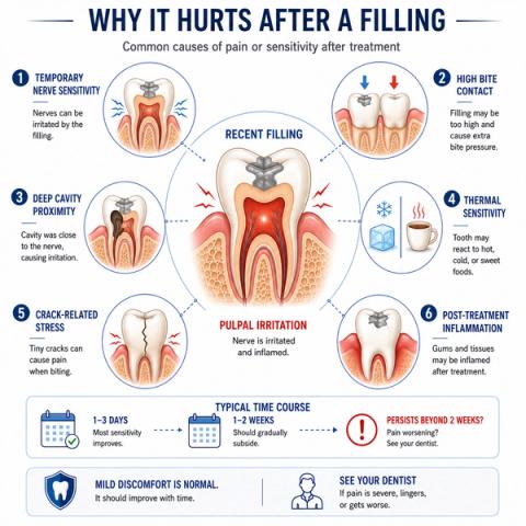 Diagram showing common causes of tooth pain after a filling including temporary pulpal irritation, bite imbalance, deep decay, and thermal sensitivity.