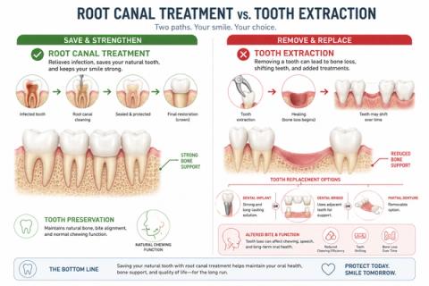 Comparison of tooth preservation with root canal treatment versus tooth extraction, illustrating retention of natural tooth structure, periodontal ligament function, chewing efficiency, and replacement options including dental implants and bridges.
