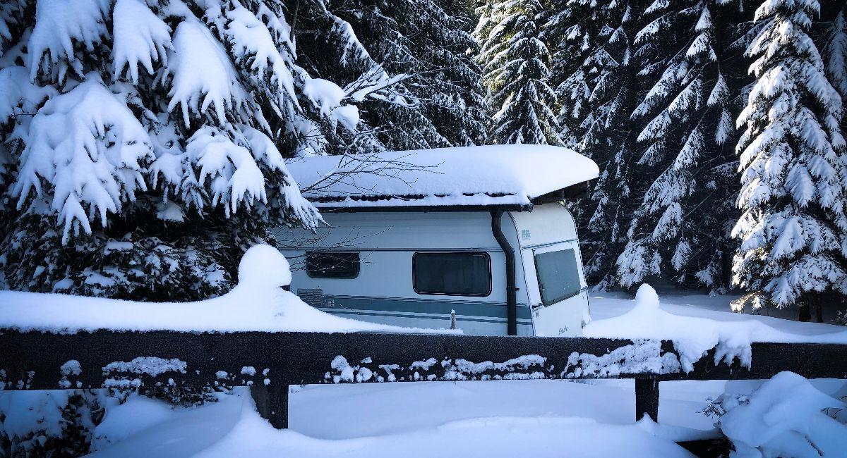 Trailer in winter surrounded by evergreen trees covered in snow
