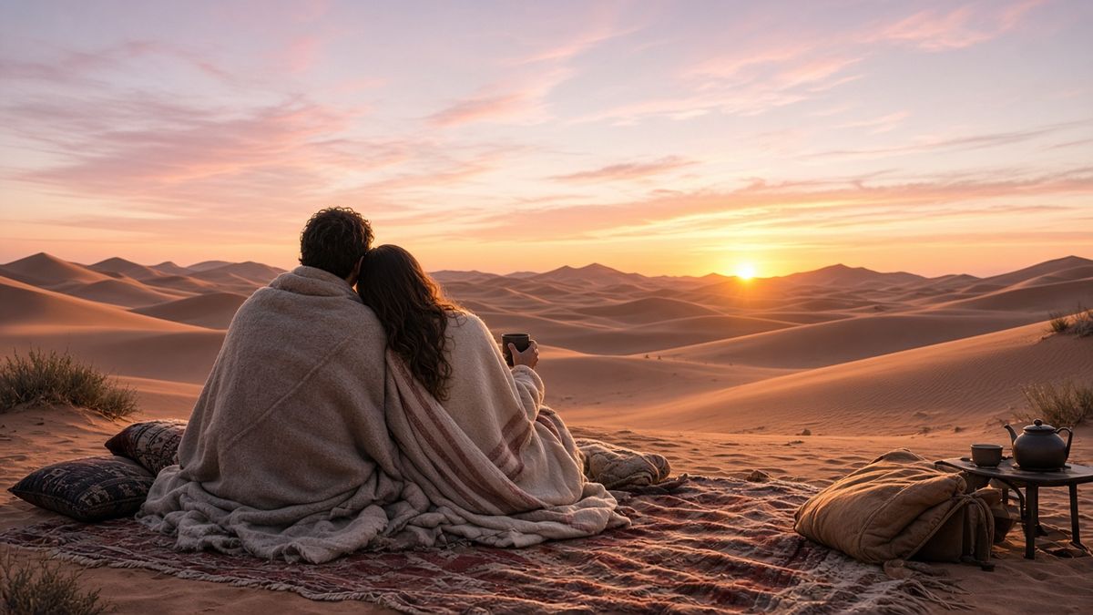Couple in blankets with coffee watching sunrise over the dunes after an overnight desert safari