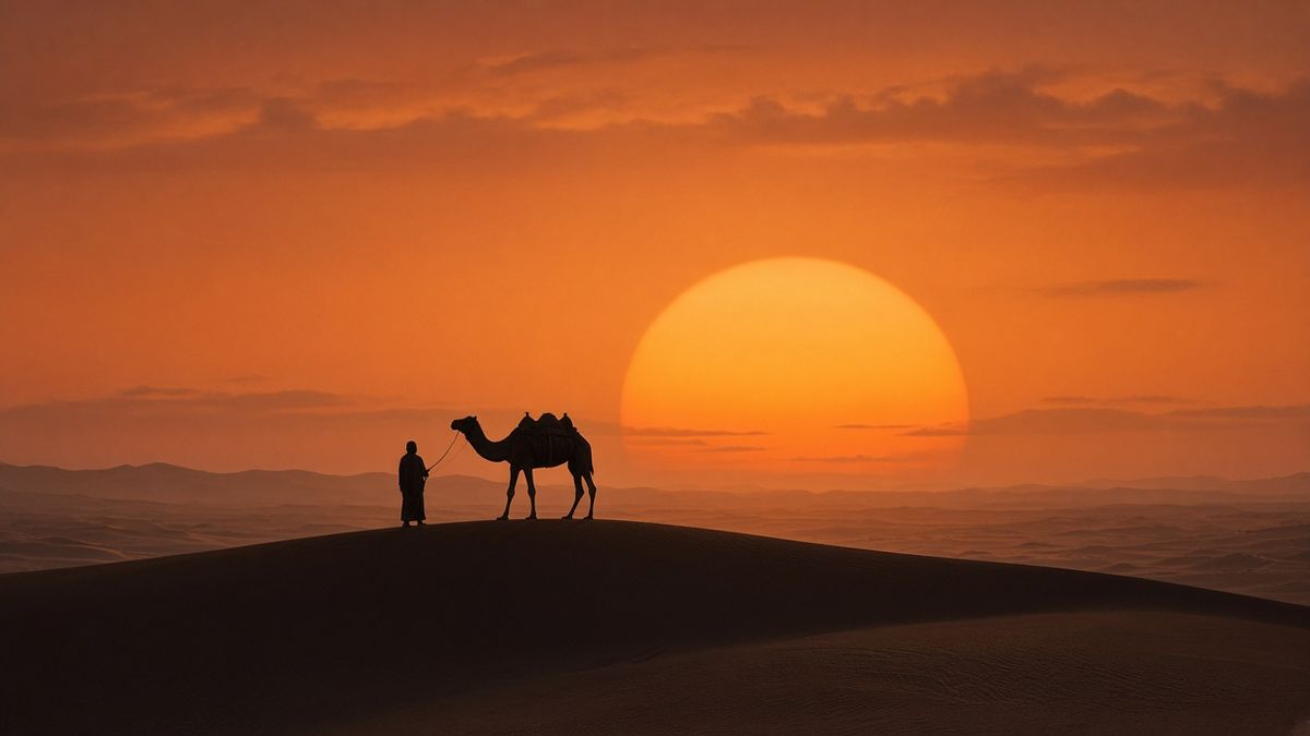 Silhouette of a camel and handler on a dune crest against the setting sun