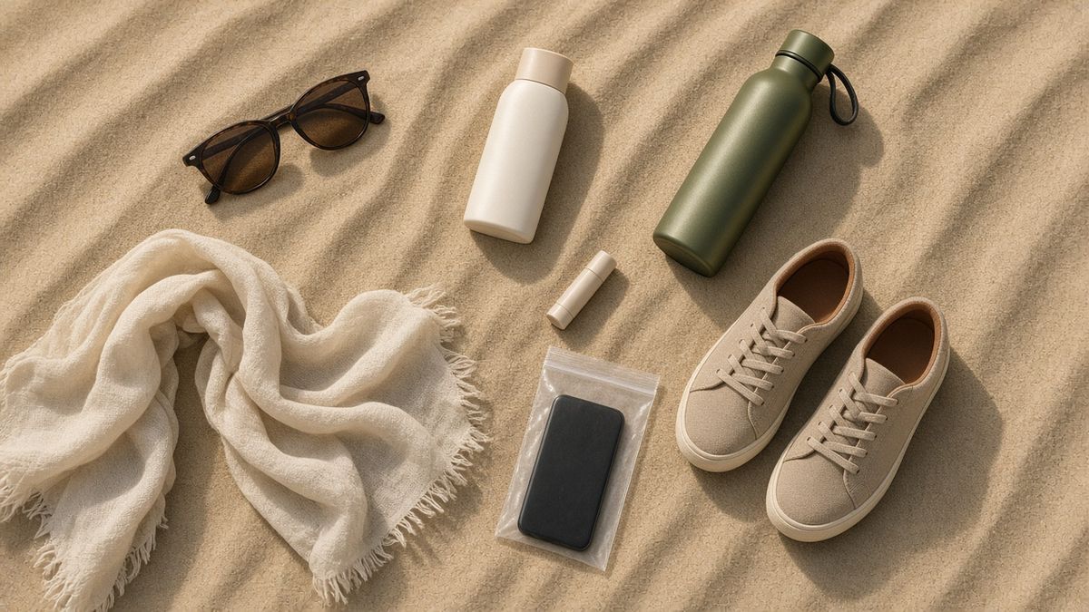 Desert safari packing essentials laid out on sand: sunglasses, sunscreen, water bottle, scarf and sneakers
