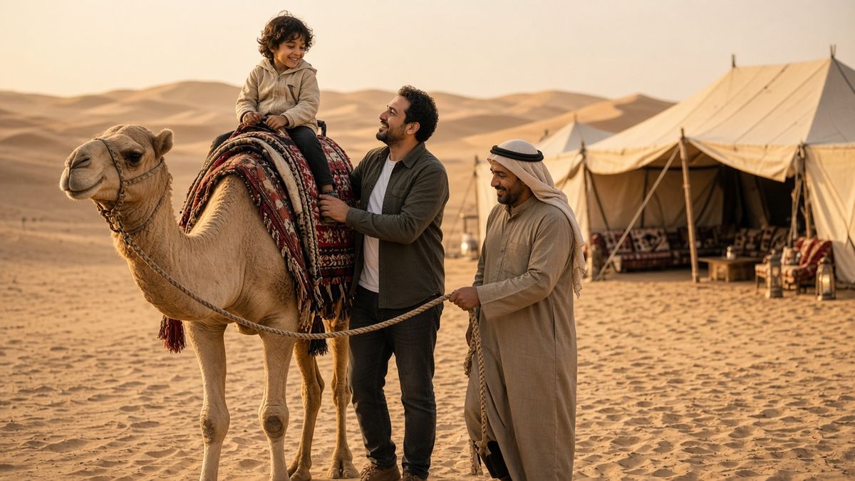 Child on a gentle camel ride with a parent and handler at a Dubai desert camp