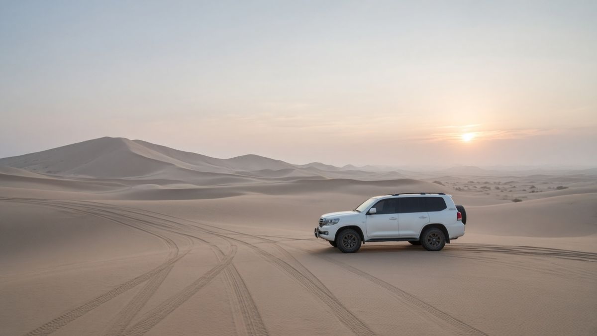 Cool early-morning light over smooth dunes and a parked 4x4 on a morning desert safari