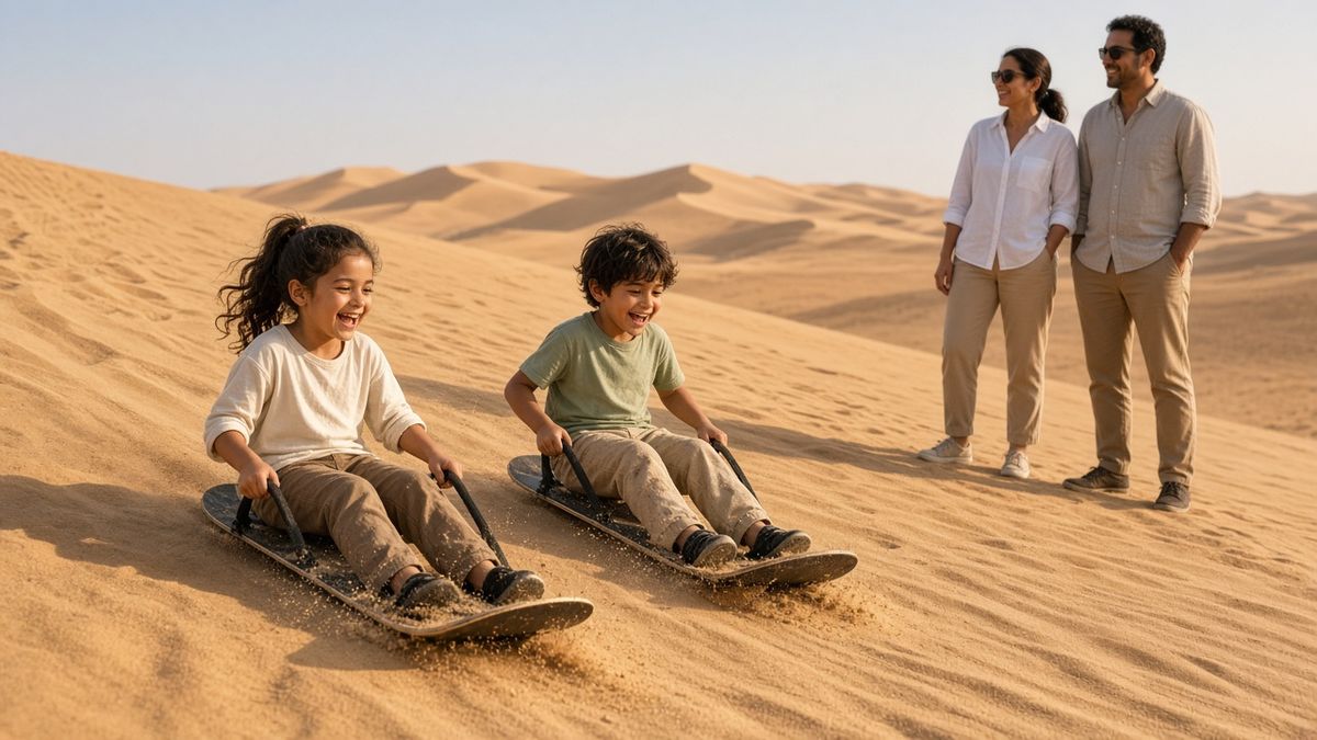 Children sandboarding down a small dune while parents watch on a family desert safari