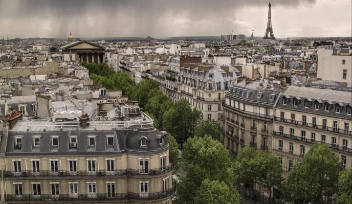 View of paris skyline on a cloudy day