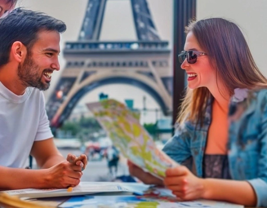 two people looking at a map in front of eiffel tower