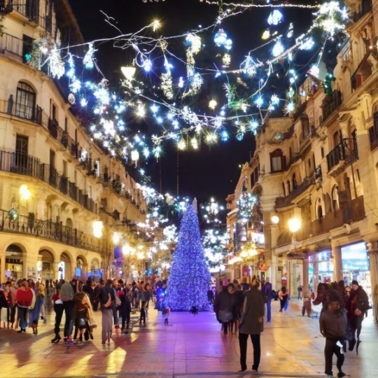 barcelona street with christmas lights and tree