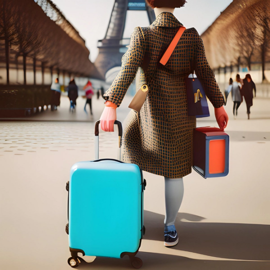 woman with suitcase infront of eiffel tower