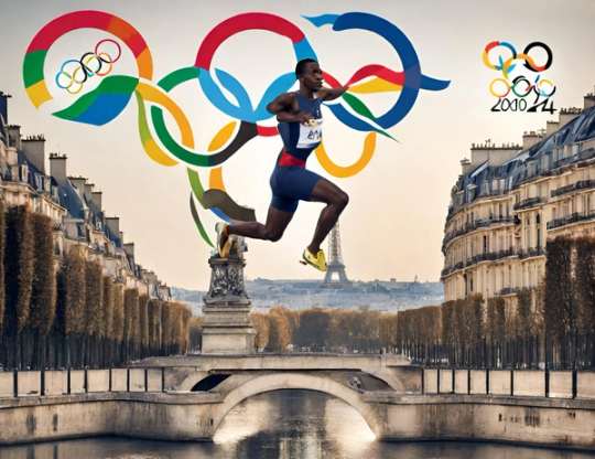 paris street with olympian jumping and olympic rings