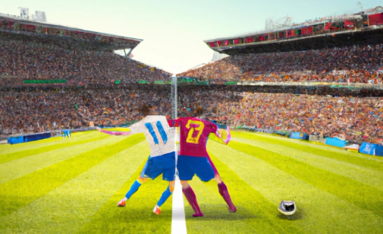 Barcelona and Madrid playing each other in soccer in stadium
