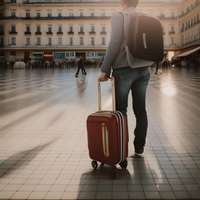 man with suitcase on the streets of madrid