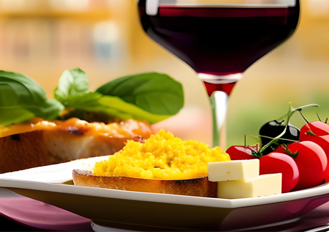 A plate of Spanish tapas and a glass of wine