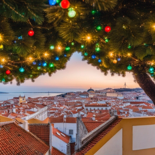 view over lisbon with tree with lights