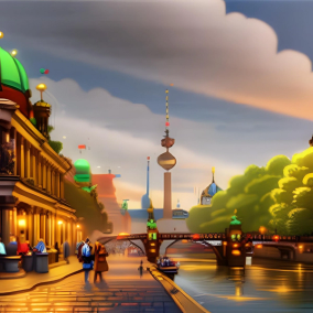 people walking down street in berlin next to a river and view of buildings