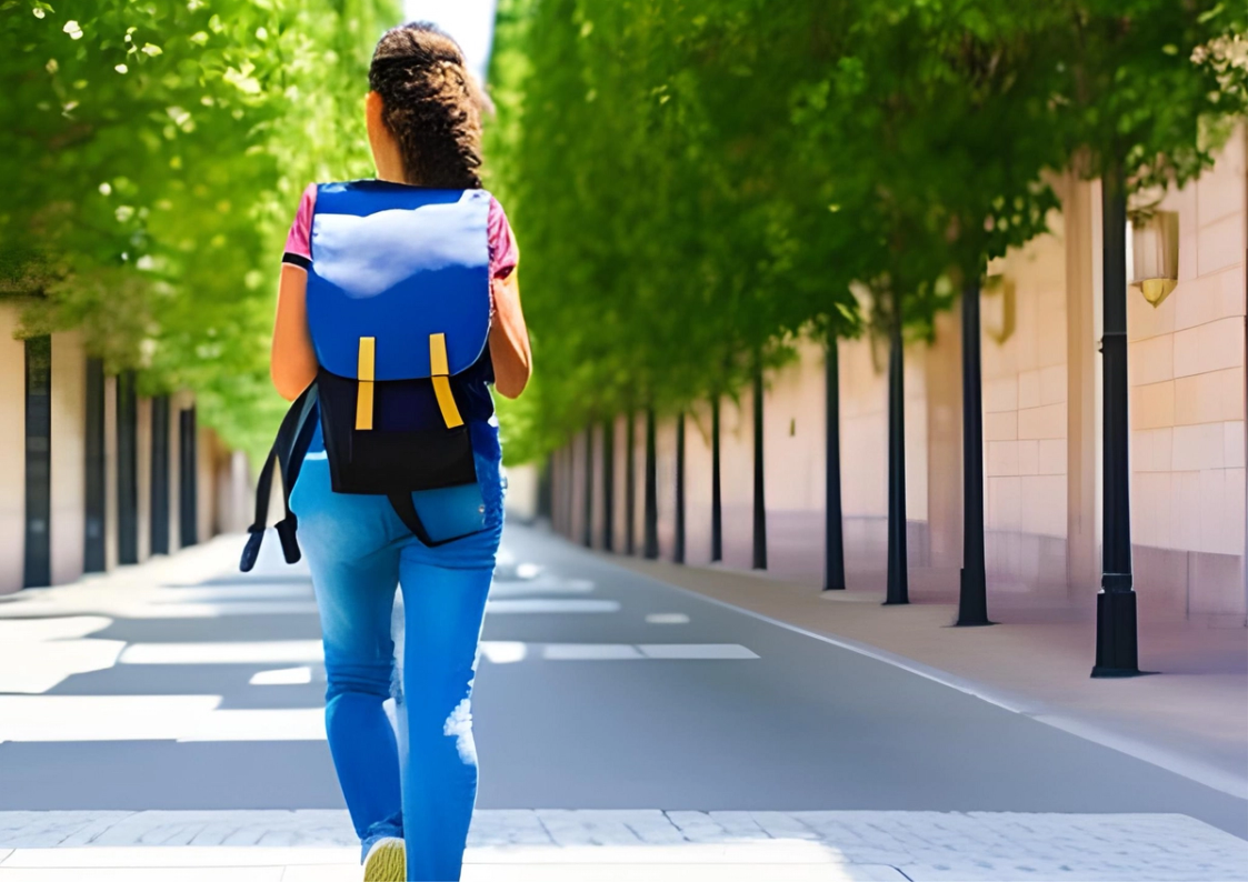 Student walking a treelined street