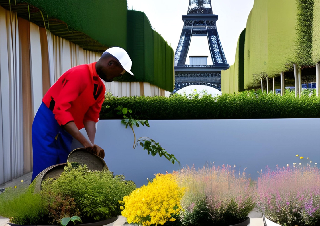 A guy working with plants on a terrace with the Eiffel Tower in the background
