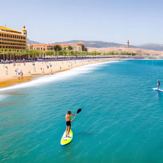person paddle boarding on a barcelona beach 