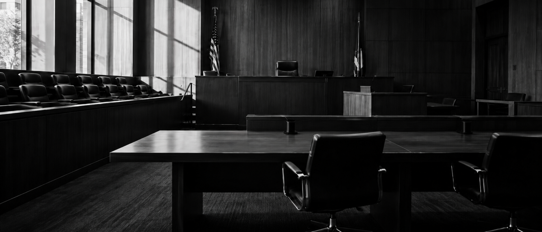 Empty courtroom showing jury box, judge's bench, and counsel table
