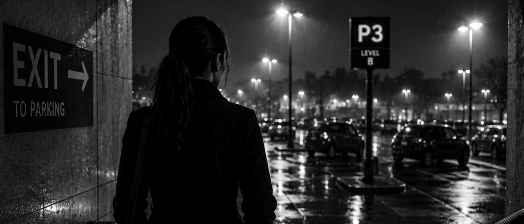 Woman entering a dark parking lot at night. 