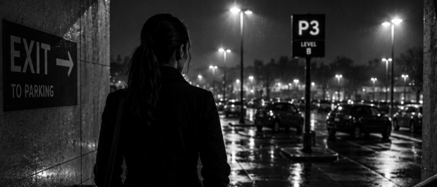Woman entering a dark parking lot at night. 